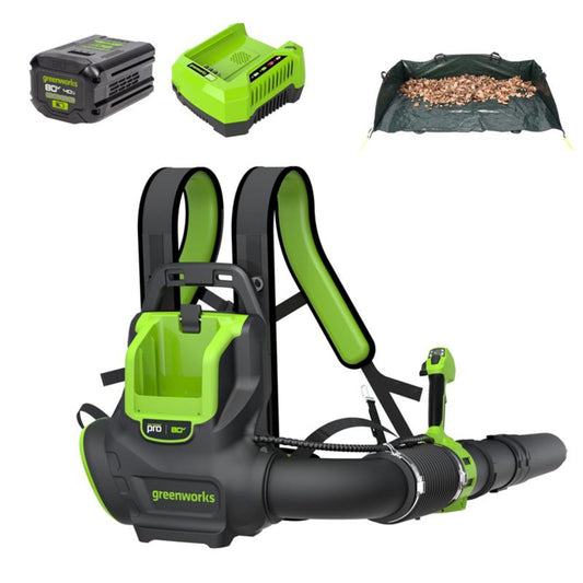 Greenworks 80V 800 CFM Cordless Battery Backpack Blower and Leaf Tarp w/ 4.0Ah Battery & Rapid Charger - 2436002