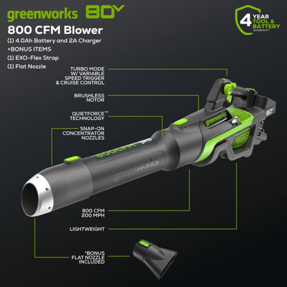 Greenworks 80V 800CFM Cordless Battery Leaf Blower w/ 4Ah Battery & Charger - 2439602