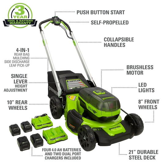 Greenworks 48V (2x24V) 21" Cordless Battery Self-Propelled Lawn Mower w/ (4) 4.0Ah USB Batteries & (2) Dual Port Chargers - 2532902