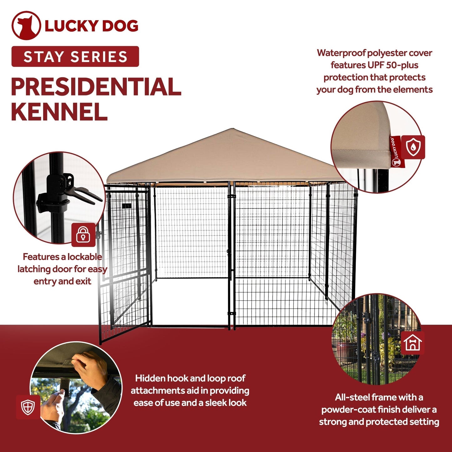 Lucky Dog STAY Series Presidential 10 x 10 x 6 Ft Steel Frame Dog Kennel, Khaki - 265241