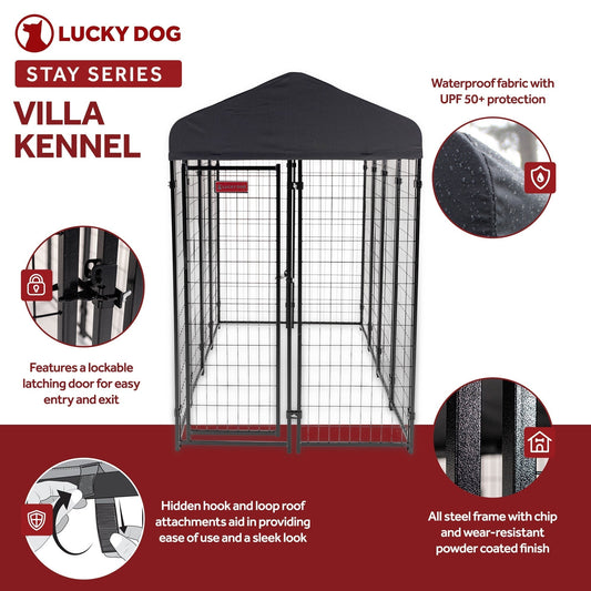Lucky Dog STAY Series 4 x 8 x 6 Foot Roofed Steel Frame Villa Dog Kennel, Grey - 268851