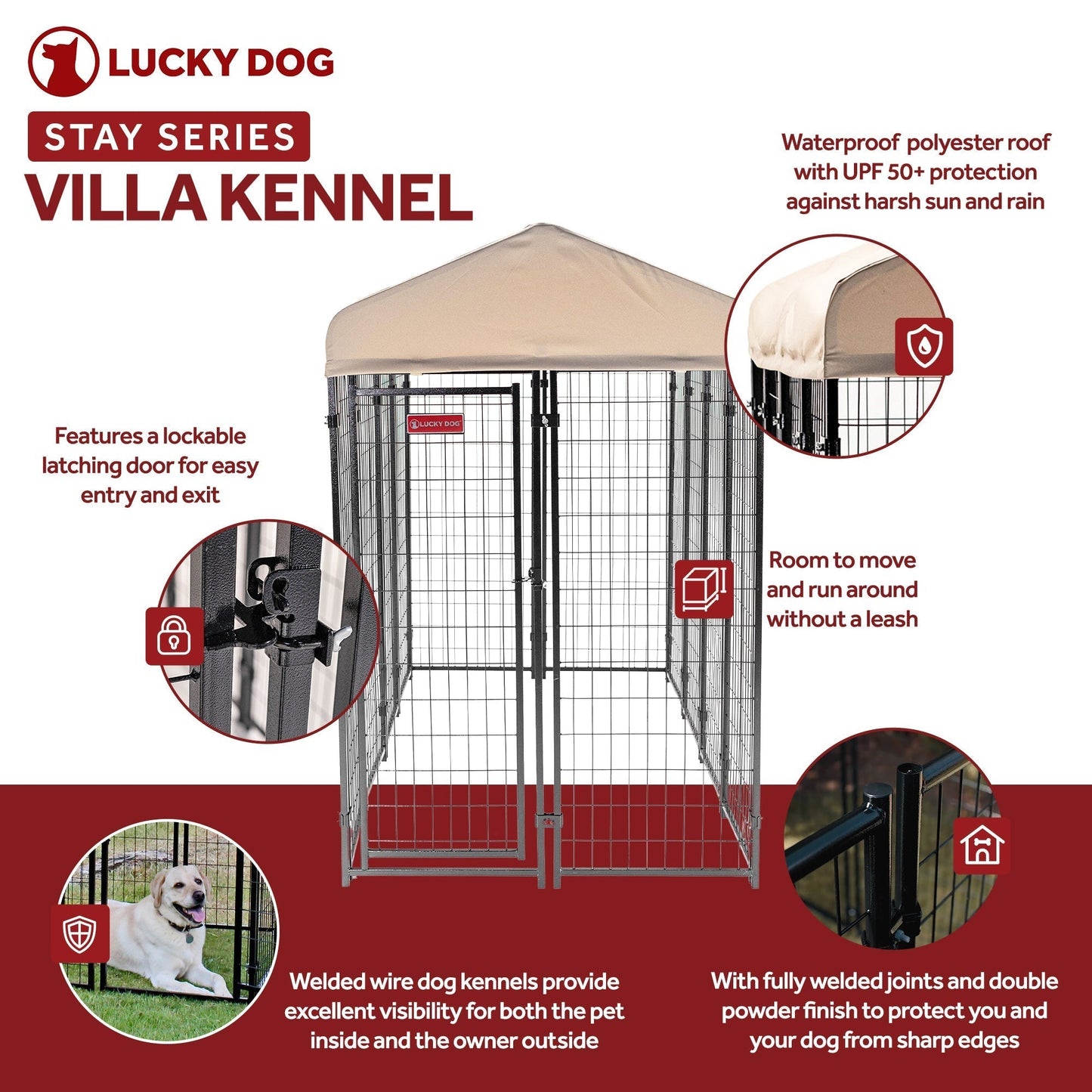 Lucky Dog STAY Series 4 x 8 x 6 Foot Roofed Steel Frame Villa Dog Kennel, Khaki - 268852