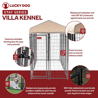Lucky Dog STAY Series 4 x 8 x 6 Foot Roofed Steel Frame Villa Dog Kennel, Khaki - 268852