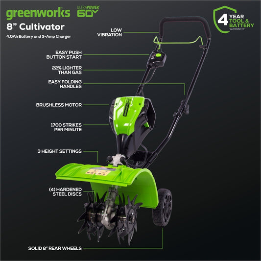 Greenworks 60V 8" Cordless Battery Cultivator / Tiller w/ 4.0Ah Battery & Charger - 2800602