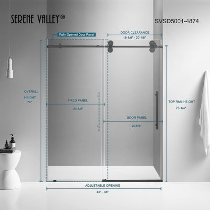 Serene Valley 52 x 74 Inch Big Roller Frameless Sliding Shower Door, Matte Black - 280497