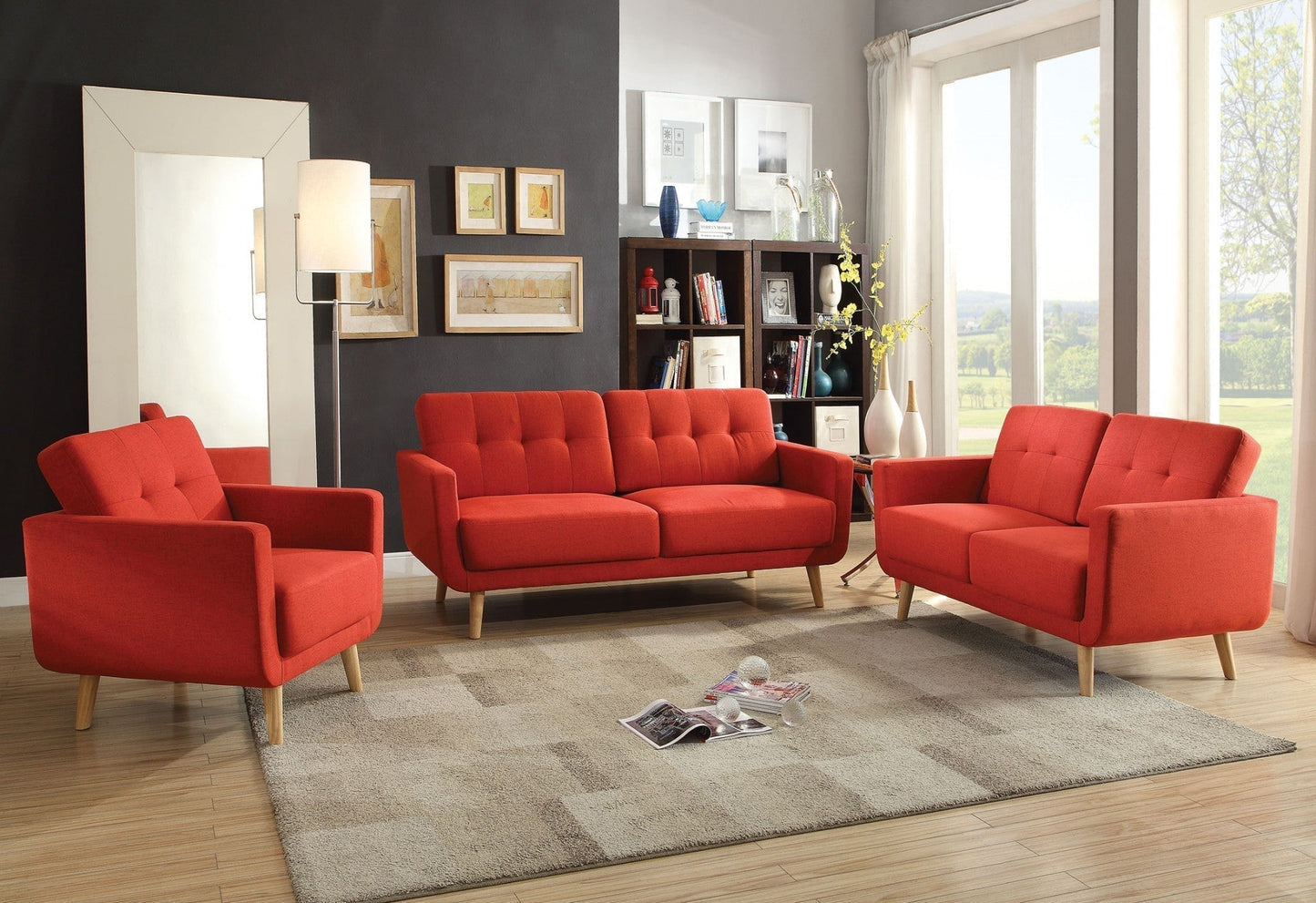Modway Furniture 74" Red Linen Sofa - Elegant Design with Warm Wood Brown Legs for Chic Living Room Comfort & Style - 285661-HOMEROOTS