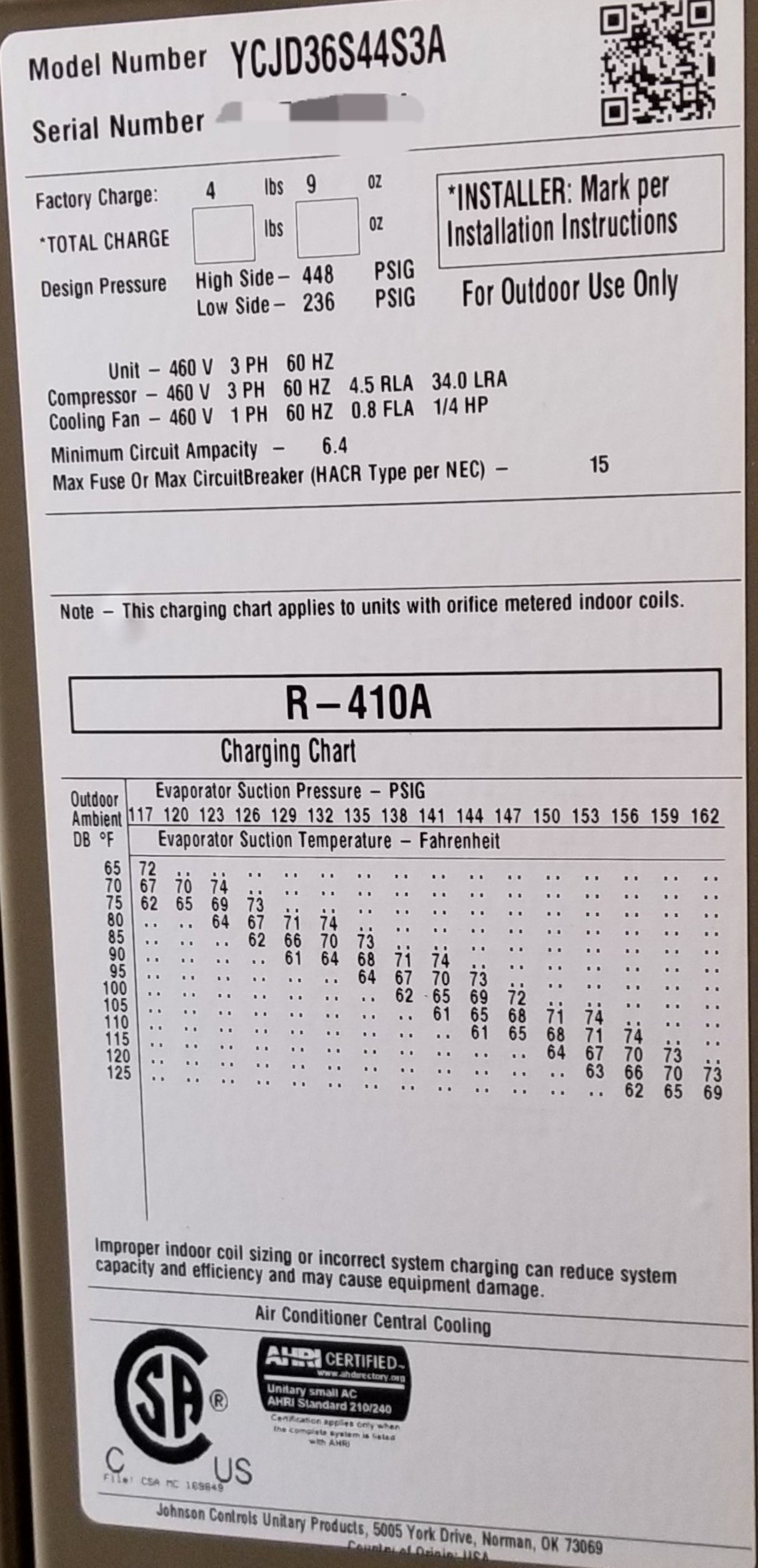 York International 3 Ton Split System Air Conditioner, 13 Seer 460/60/3 R-410A - YCJD36S44S3A