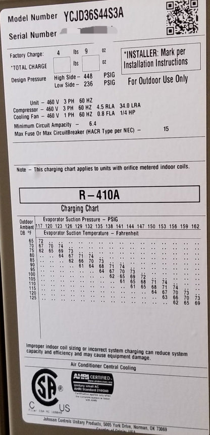 York International 3 Ton Split System Air Conditioner, 13 Seer 460/60/3 R-410A - YCJD36S44S3A
