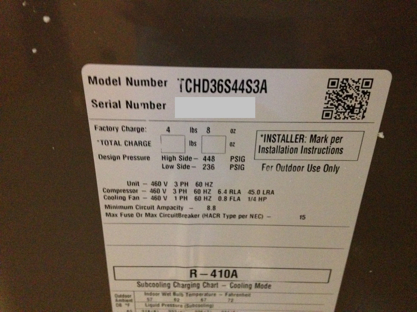 York International 3 Ton Horizontal Discharge Split-System Air Conditioner, 13 Seer 460/60/3 R-410A - TCHD36S44S3A