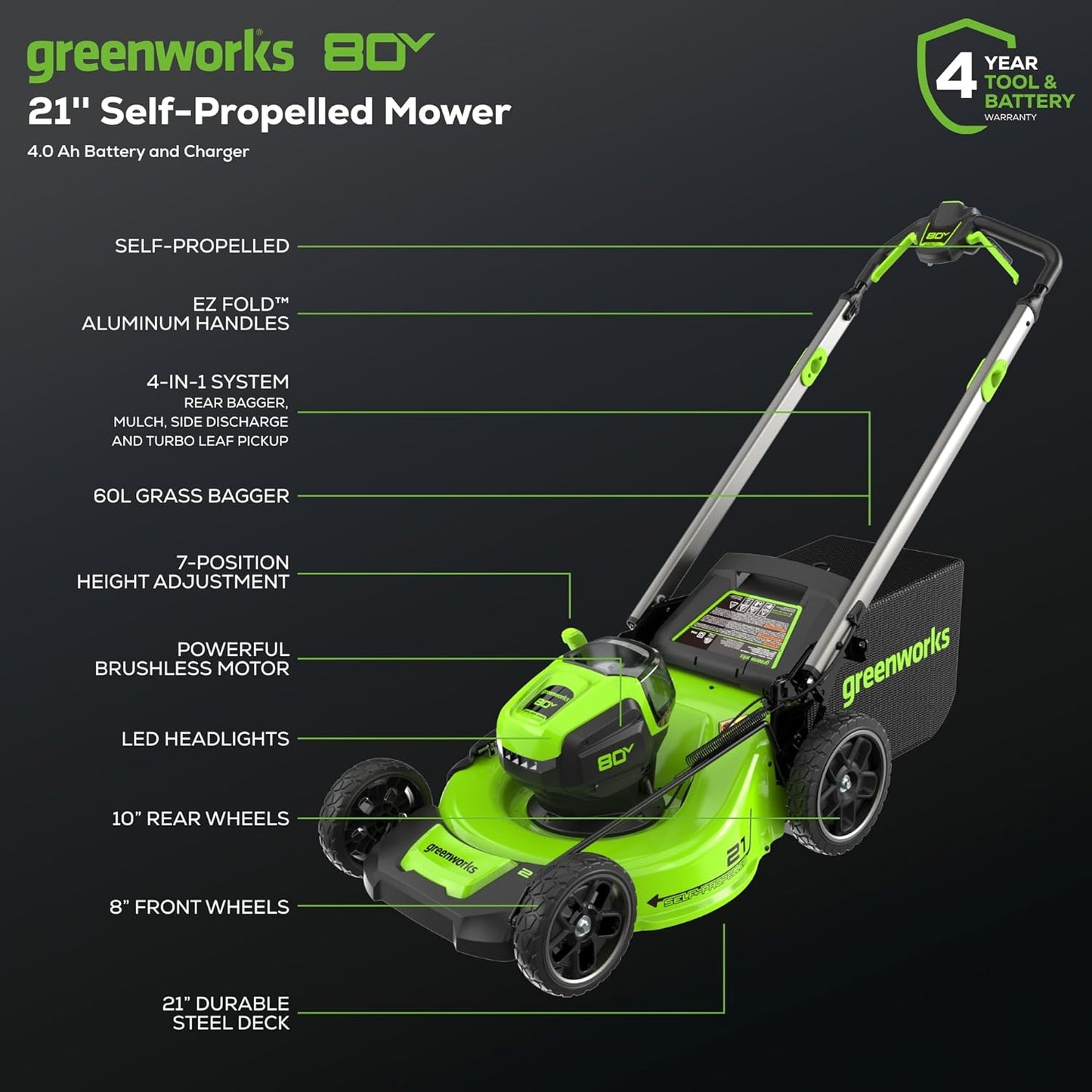 Greenworks 80V 21" Cordless Battery 4-in-1 Self-Propelled Lawn Mower w/ 4.0Ah Battery & Charger - 2550402