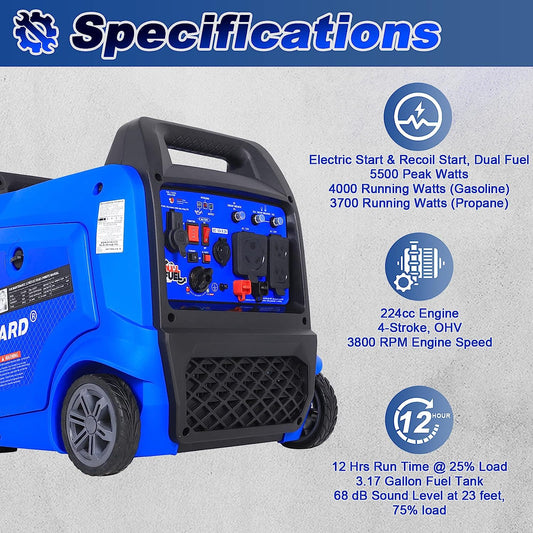 BILT HARD Generator 5500 Watt, Door Generators for Home Backup ual Fuel Quiet Inverter Generator with Electric Start, 120V NEMA 5-20R, NEMA TT-30R and 12V DC Output, 224cc Portable Outdand RV Ready - TGA-0253