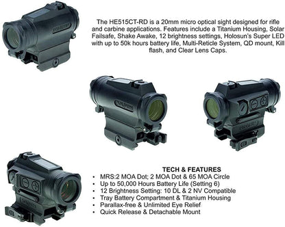 Holosun HE515CT-RD Circle Red Dot/Solar/Titanium Sight Lens Cleaning Pen, Extra Battery and Lens Cleaning Cloth Bundle