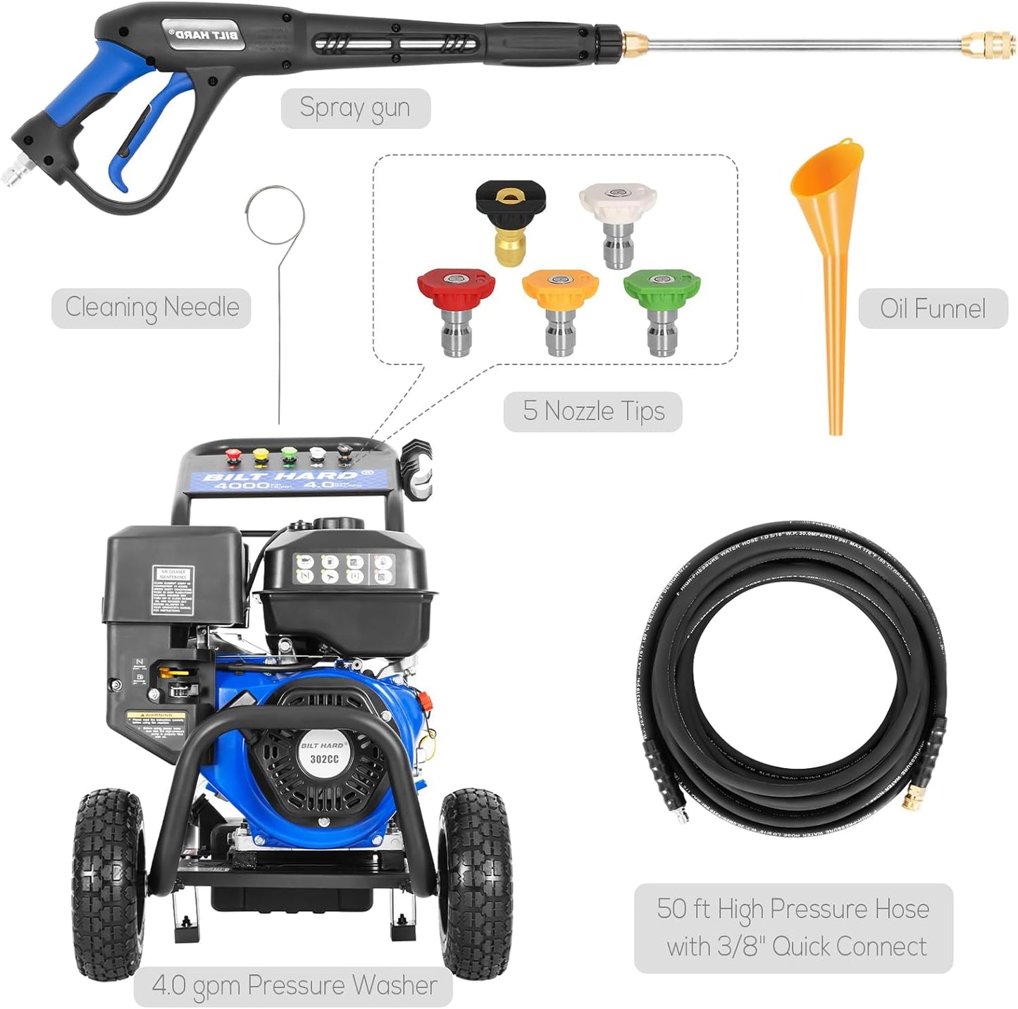 BILT HARD Commercial Pressure Washer, 4000 PSI 4.0 GPM Gas Power Washer Heavy Duty, 302cc Engine, Include Spray Gun and Wand, 5 QC Nozzle Tips, 50 Ft Hose with 3/8" Quick Connect - THA-0356