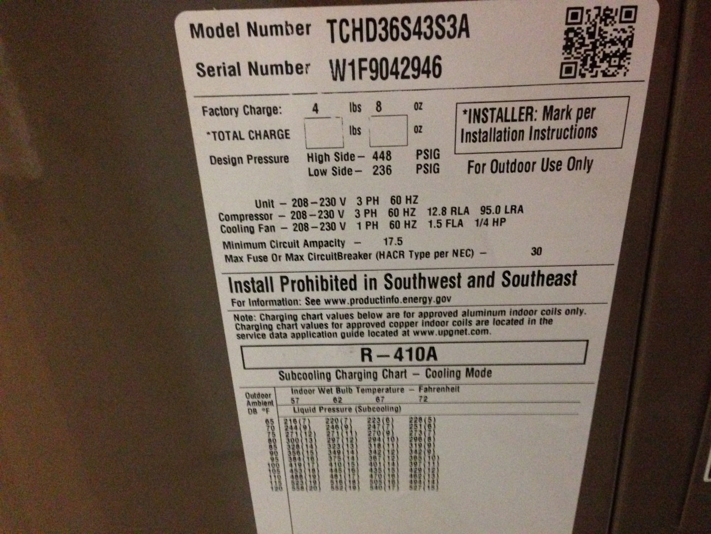 York International 3 Ton Split-System Horizontal Air Conditioner, 13 Seer 208-230/60/3 R-410A 3200 Cfm - TCHD36S43S3