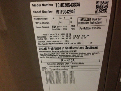 York International 3 Ton Split-System Horizontal Air Conditioner, 13 Seer 208-230/60/3 R-410A 3200 Cfm - TCHD36S43S3