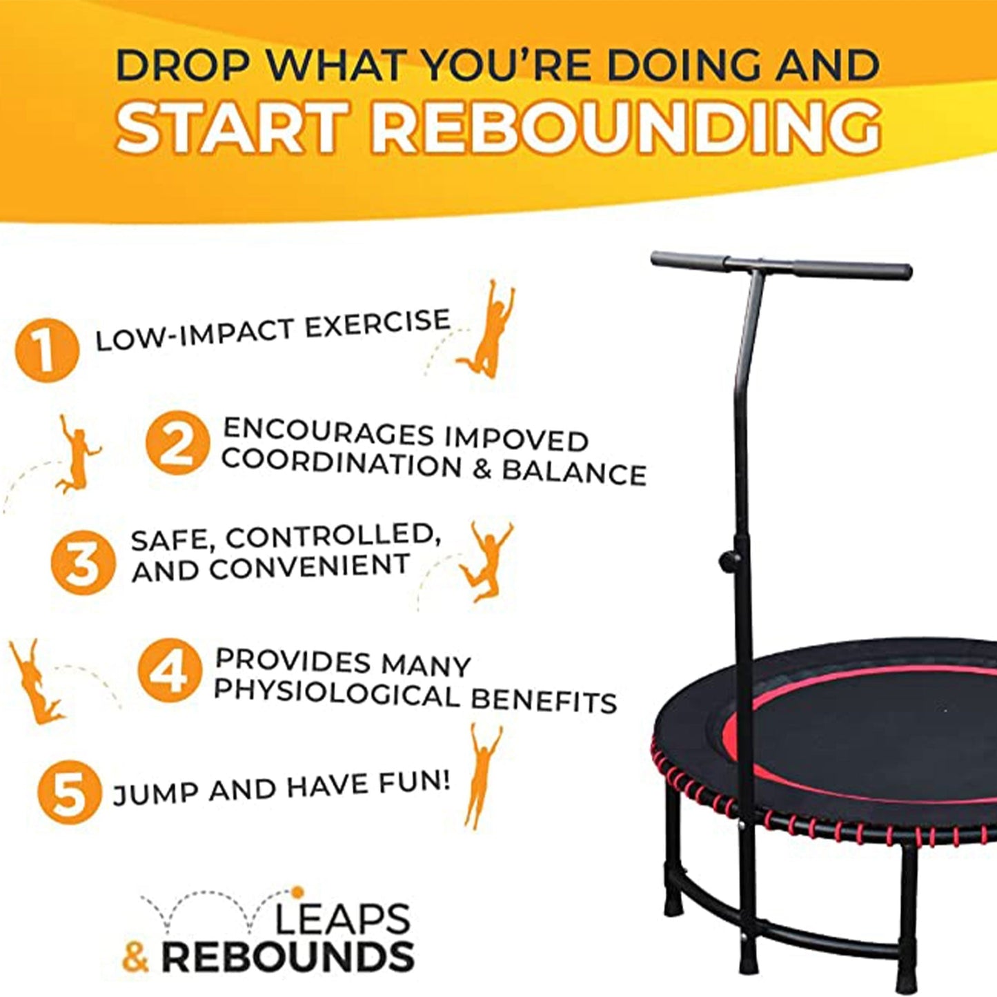 LEAPS & REBOUNDS 48" Adjustable Stability Bar with 48" Fitness Trampoline, Gray - 318057