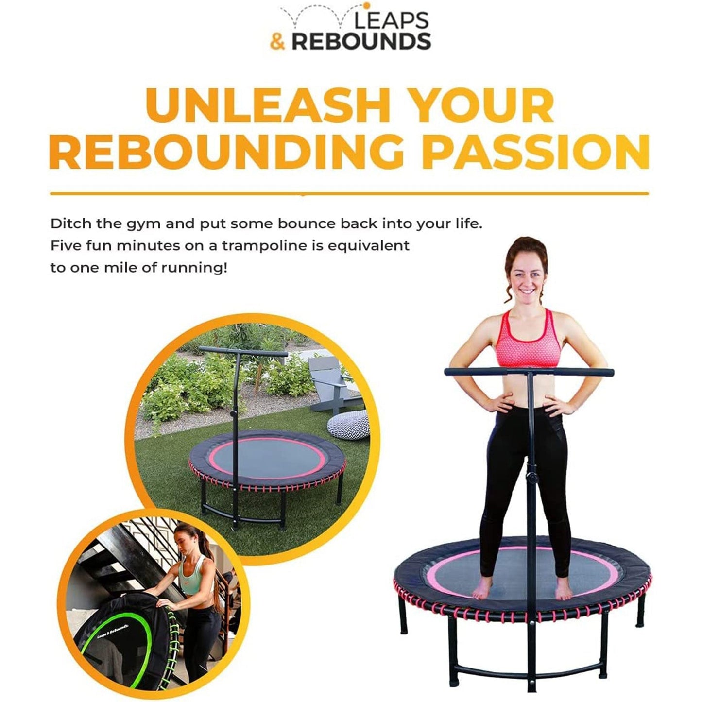 LEAPS & REBOUNDS 48" Adjustable Stability Bar with 48" Fitness Trampoline, Gray - 318057