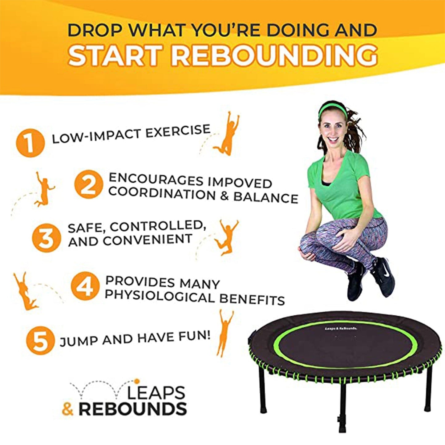 LEAPS & REBOUNDS 48" Adjustable Stability Bar with 48" Fitness Trampoline, Gray - 318057