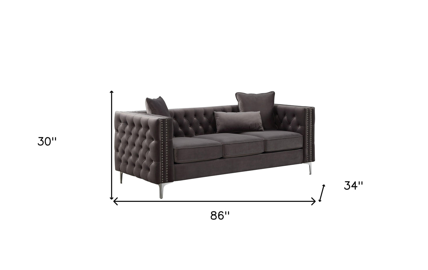 Modway Furniture 86" Dark Gray Velvet Sofa with Sleek Silver Legs - Modern Elegance for Your Living Room Space! - 318845-HOMEROOTS