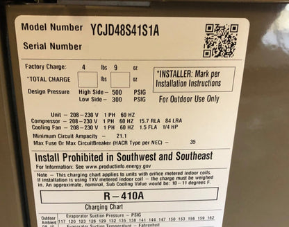 York International 4 Ton "LX" Series Split-System Air Conditioner, 13 SEER 208-230/60/1 R-410A - YCJD48S41S1A