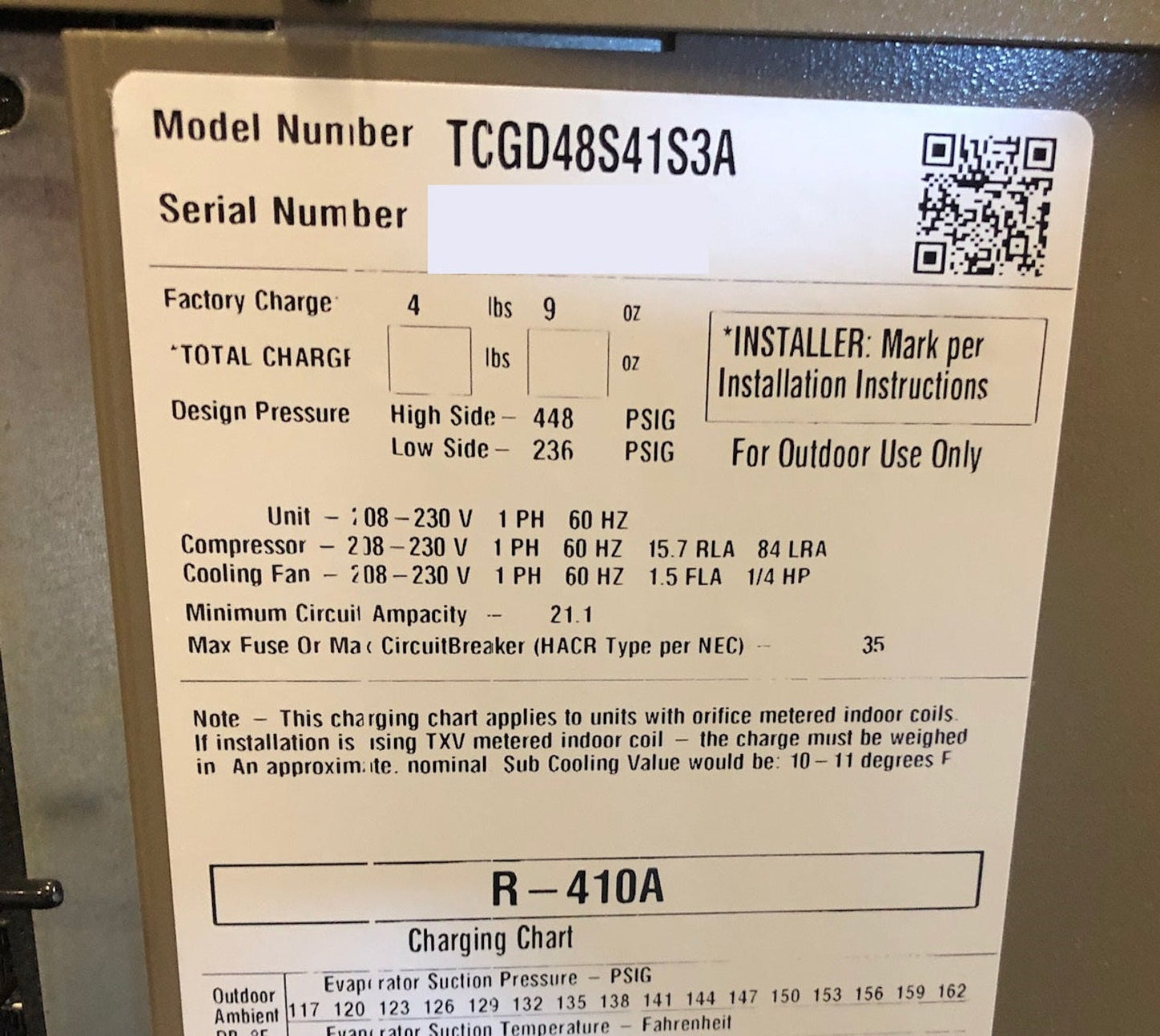 York International 4 Ton Split System Air Conditioner; 13 SEER, 208-230/60/1, R-410A - TCGD48S41S3A