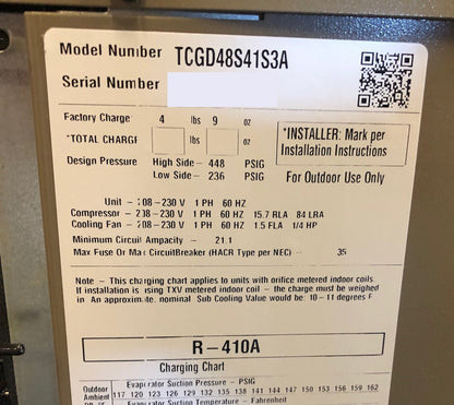 York International 4 Ton Split System Air Conditioner; 13 SEER, 208-230/60/1, R-410A - TCGD48S41S3A