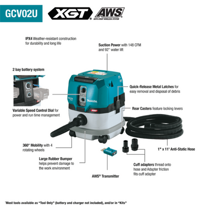 Makita 40V max XGT 2.1 Gallon HEPA Filter Dry Dust Extractor Kit AWS - GCV02PMU