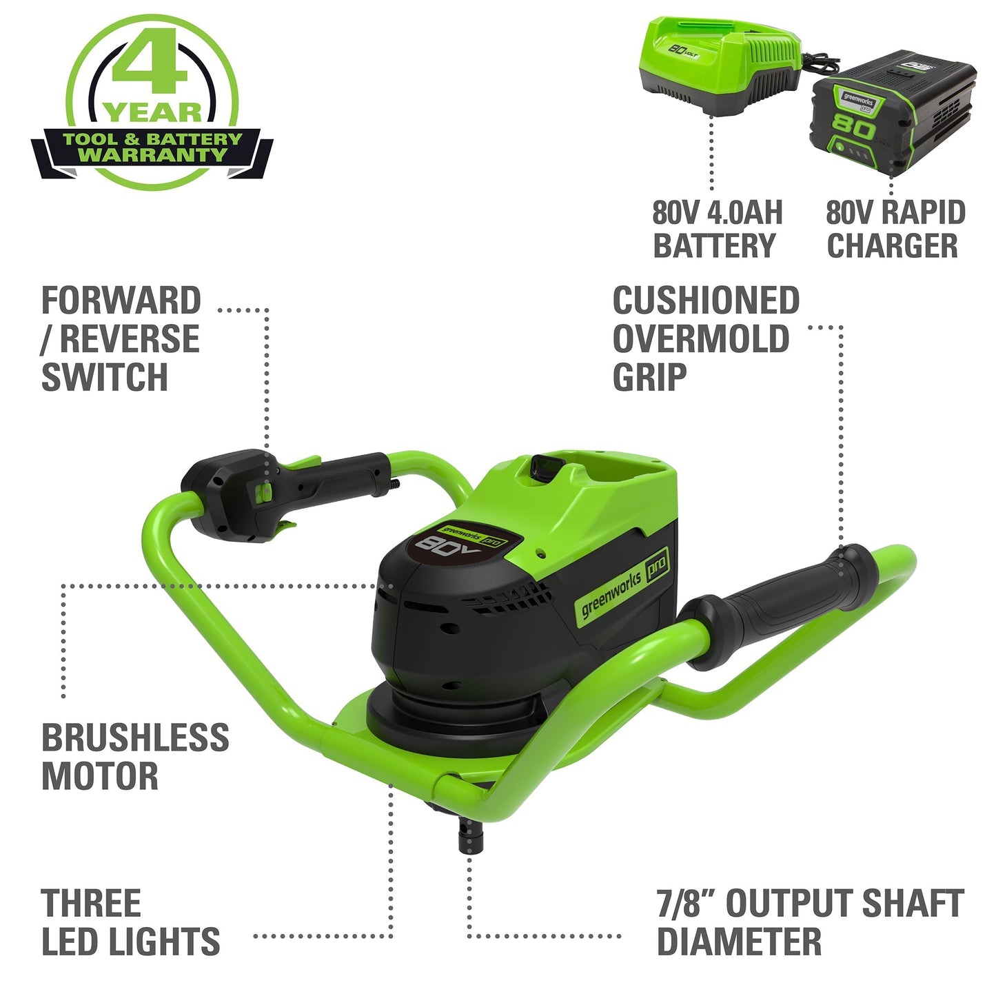 Greenworks 80V Cordless Battery Brushless Earth Auger / Post Hole Digger w/ 4Ah Battery & Charger - 3705002CO