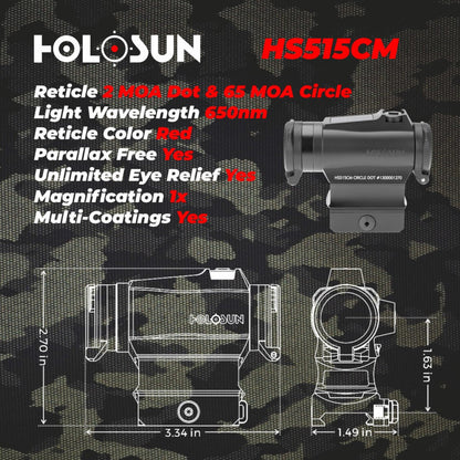 Holosun HS515CM Military Grade Micro Red Circle Dot Sight/Solar Panel/QD Mount Optics Lens Cleaning Pen, Extra Battery and Lens Cleaning Cloth Bundle - HS515CM_Towel_W4U-LCP_2032