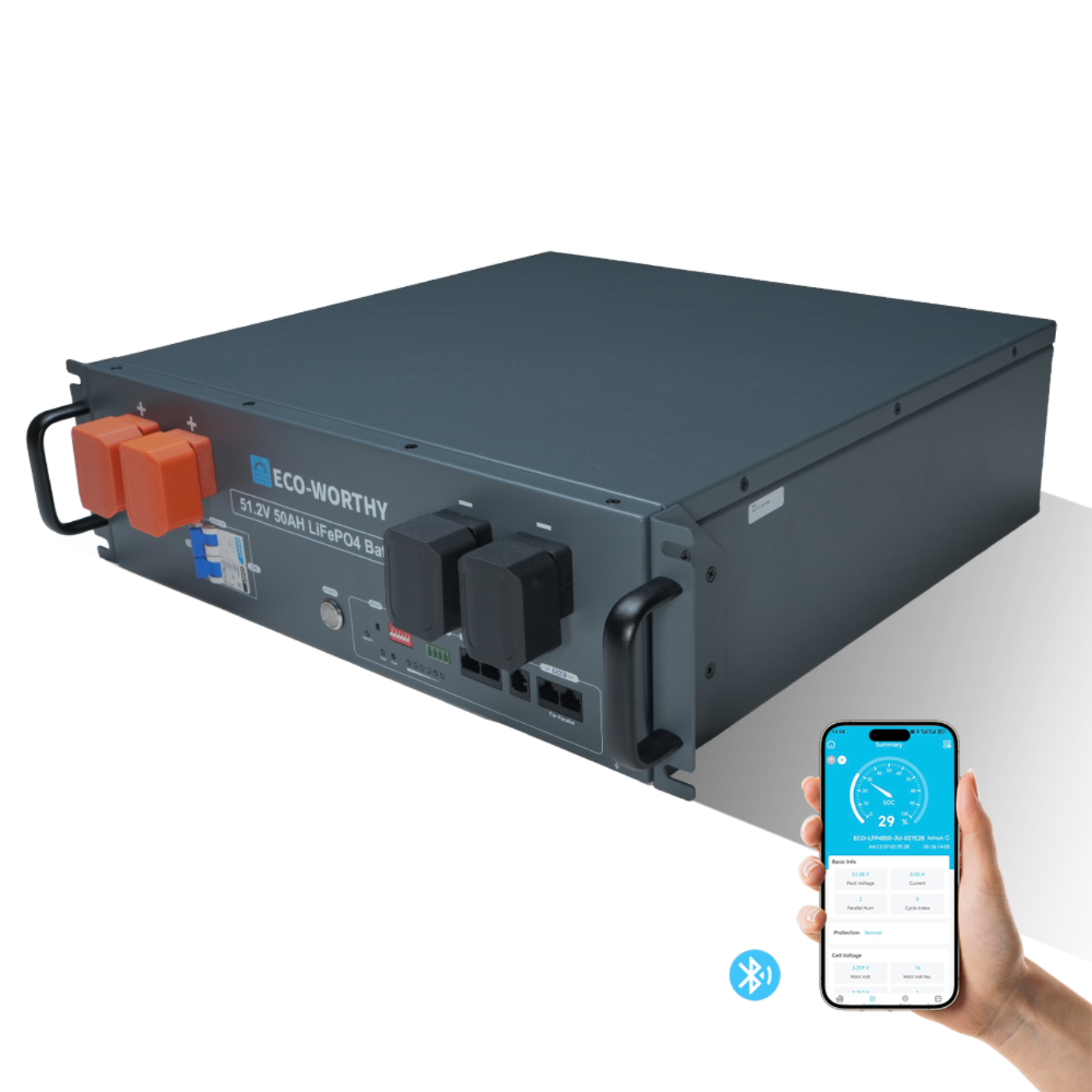 B2B-ECO-WORTHY 48V(51.2V) 50Ah Server Rack Battery,2.56kWh Lithium Battery,3U Size,With Bluetooth & Wifi - L13SR4850BV1.0-1