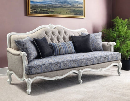 Modway Furniture 88" Cream Linen Damask Sofa with White Legs & Toss Pillows - Stylish Comfort for Any Living Room - 491311-HOMEROOTS