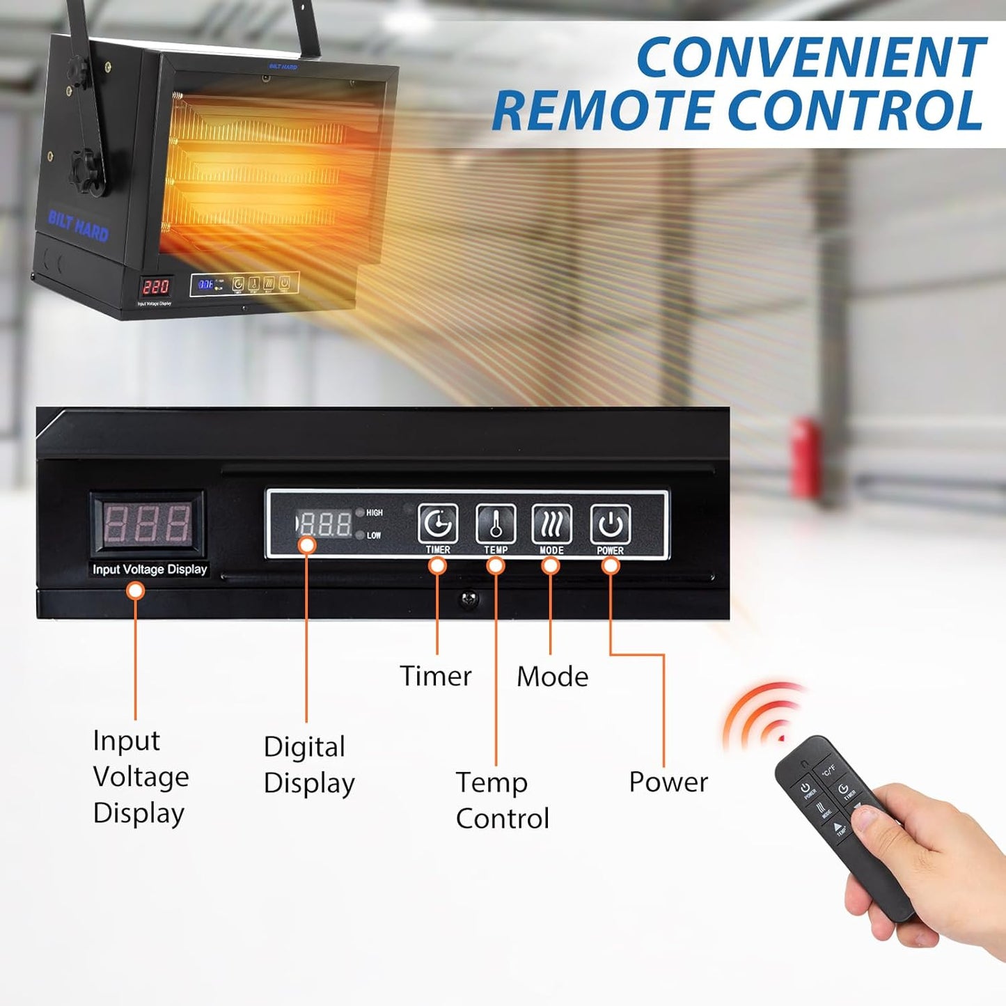 BILT HARD 10,000W Garage Heater, 240V Digital Fan-Forced Wall Mount Shop Heater with Full-Function Remote, Hardwired Shop Heater with 8H Timer, Overheat Protection, Ideal for Garage, Workshop - WHF-0509