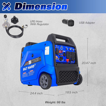 BILT HARD Generator 5500 Watt, Door Generators for Home Backup ual Fuel Quiet Inverter Generator with Electric Start, 120V NEMA 5-20R, NEMA TT-30R and 12V DC Output, 224cc Portable Outdand RV Ready - TGA-0253