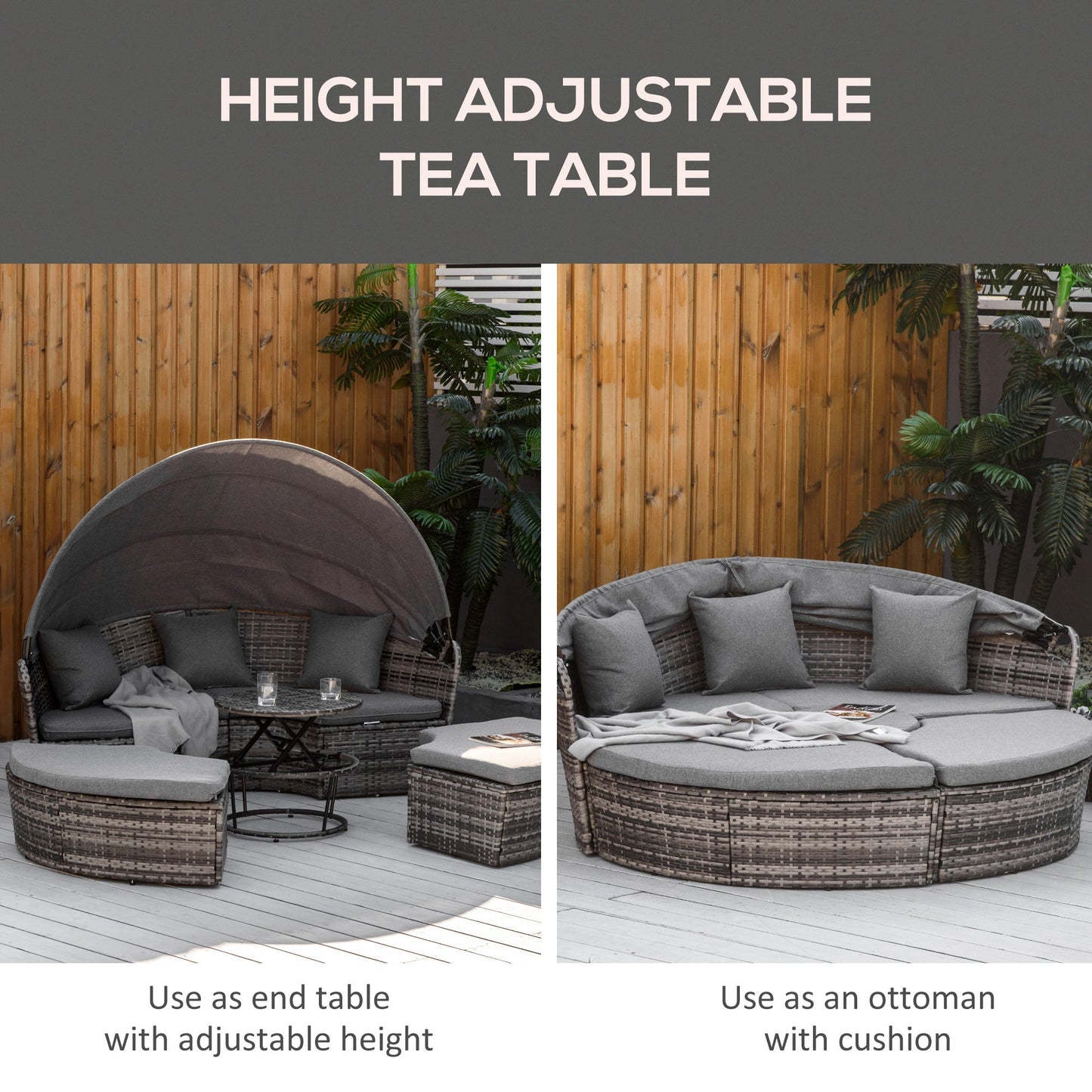 Outsunny Round Outdoor Daybed with Canopy, 4-Piece Sectional Outdoor Sofa, 3 Chairs, Tea Table, Gray - 862-047