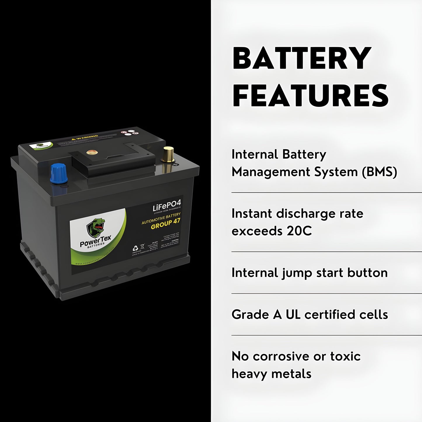 PowerTex2023 Toyota Venza L4 2.5LReplacement Car Battery BCI Group 47 Lithium LiFePO4 Automotive Powertex Battery - PTLG47-070