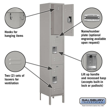 Salsbury 15" Wide Triple Tier Standard Metal Locker - 1 Wide - 53168GY-U