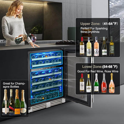 BODEGAcooler 24" 56 Bottles Dual Zone Compressor Wine Cooler with Wood Shelves - JC-165B