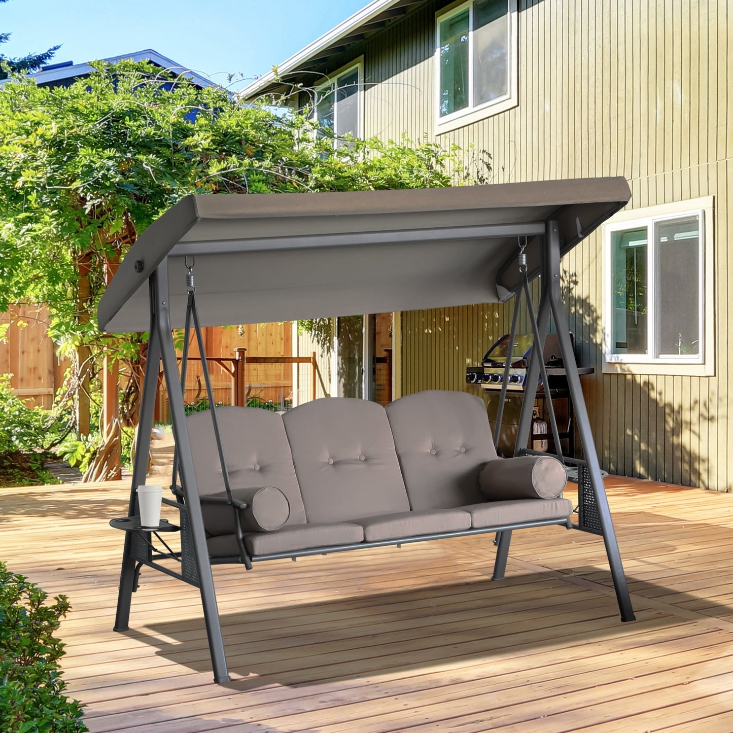 3-Seat Patio Swing Chair with Adjustable Canopy, Removable Cushion & Side Trays, Brown - 84A-068BN