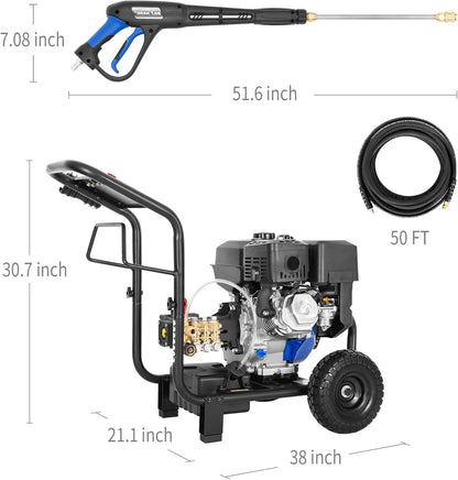 BILT HARD Commercial Pressure Washer, 4000 PSI 4.0 GPM Gas Power Washer Heavy Duty, 302cc Engine, Include Spray Gun and Wand, 5 QC Nozzle Tips, 50 Ft Hose with 3/8" Quick Connect - THA-0356