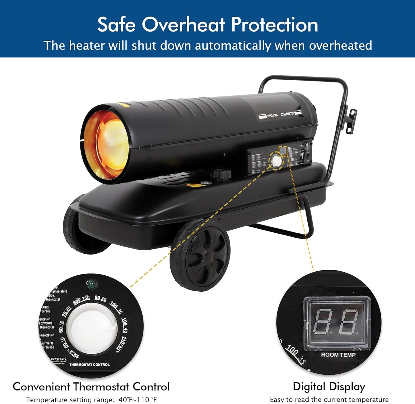 BILT HARD 215,000 BTU Forced Air Kerosene Heater, Portable Torpedo Space Heater with Movable Wheels, Thermostat Control, Overheat Protection, CSA Listed - WHD-0305