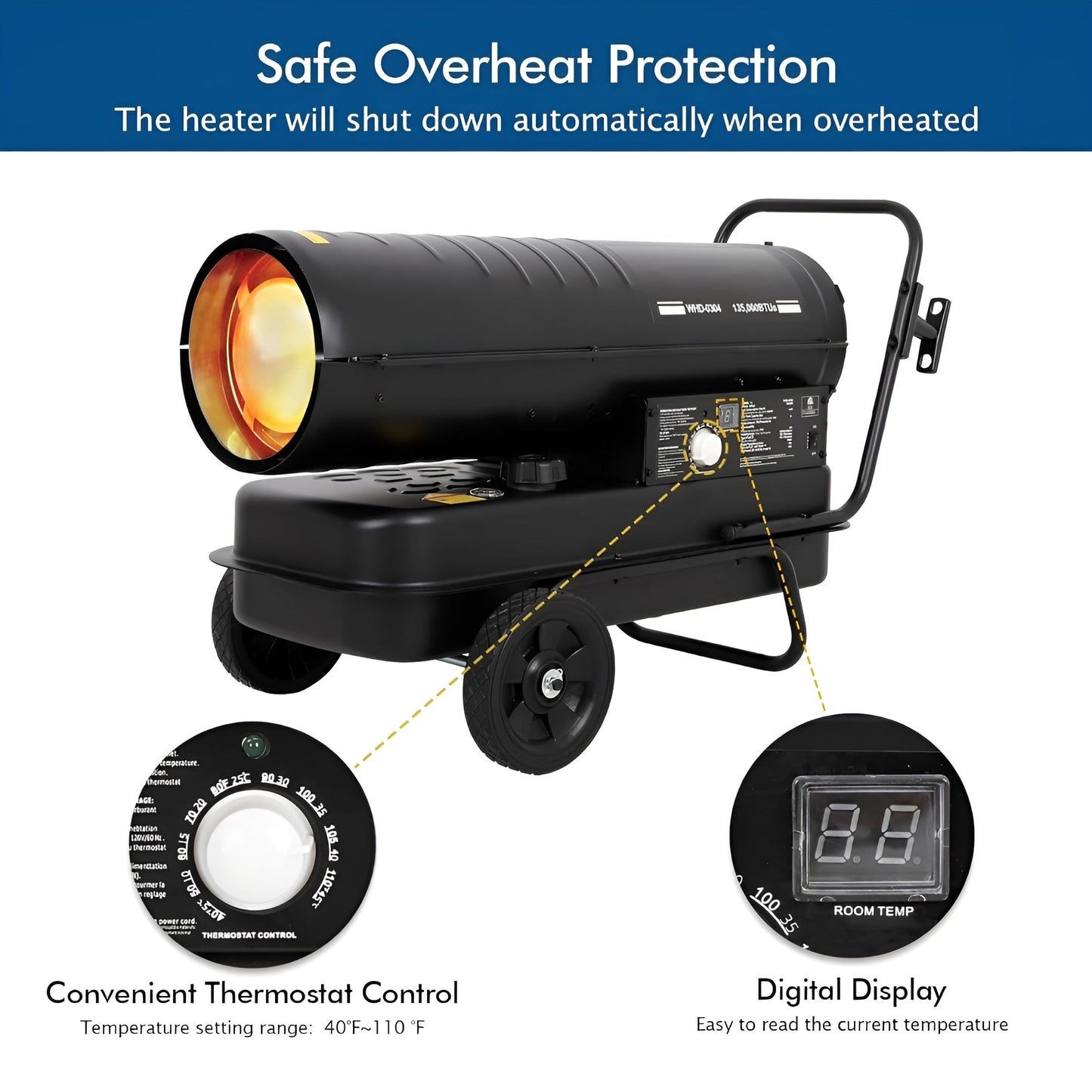 BILT HARD 135,000 BTU Forced Air Kerosene Heater, Portable Torpedo Space Heater with Movable Wheels, Thermostat Control, Overheat Protection, CSA Listed - WHD-0304