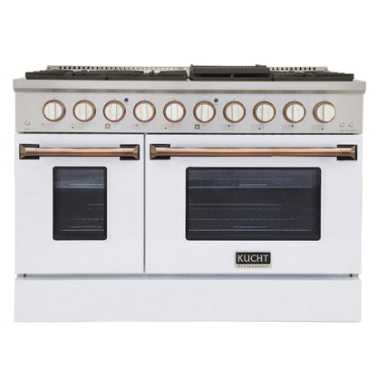 Kucht Signature 48 In. 6.7 cu ft. Natural Gas Range with White Door and Gold Accents - KNG481-W-GOLD