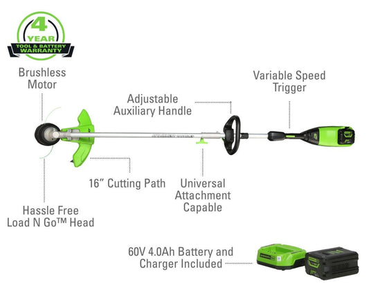 Greenworks 60V 16" Cordless Battery String Trimmer (Attachment Capable) &5 Pcs Attachments Combo Kit w/ 4.0 Ah Battery & Charger - 2135402-VK