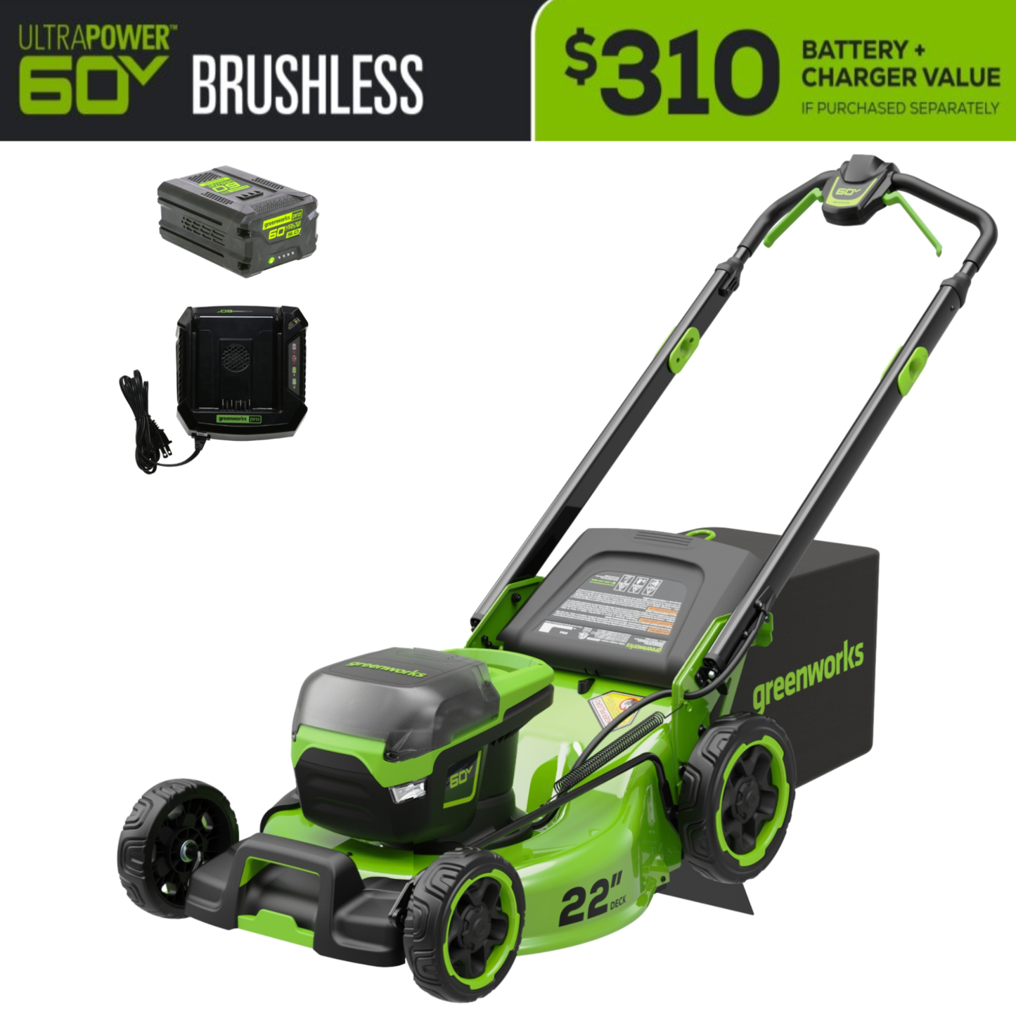 Greenworks 60V 22" Cordless Battery Push Lawn Mower w/ 5.0Ah Battery & Charger - 2547702