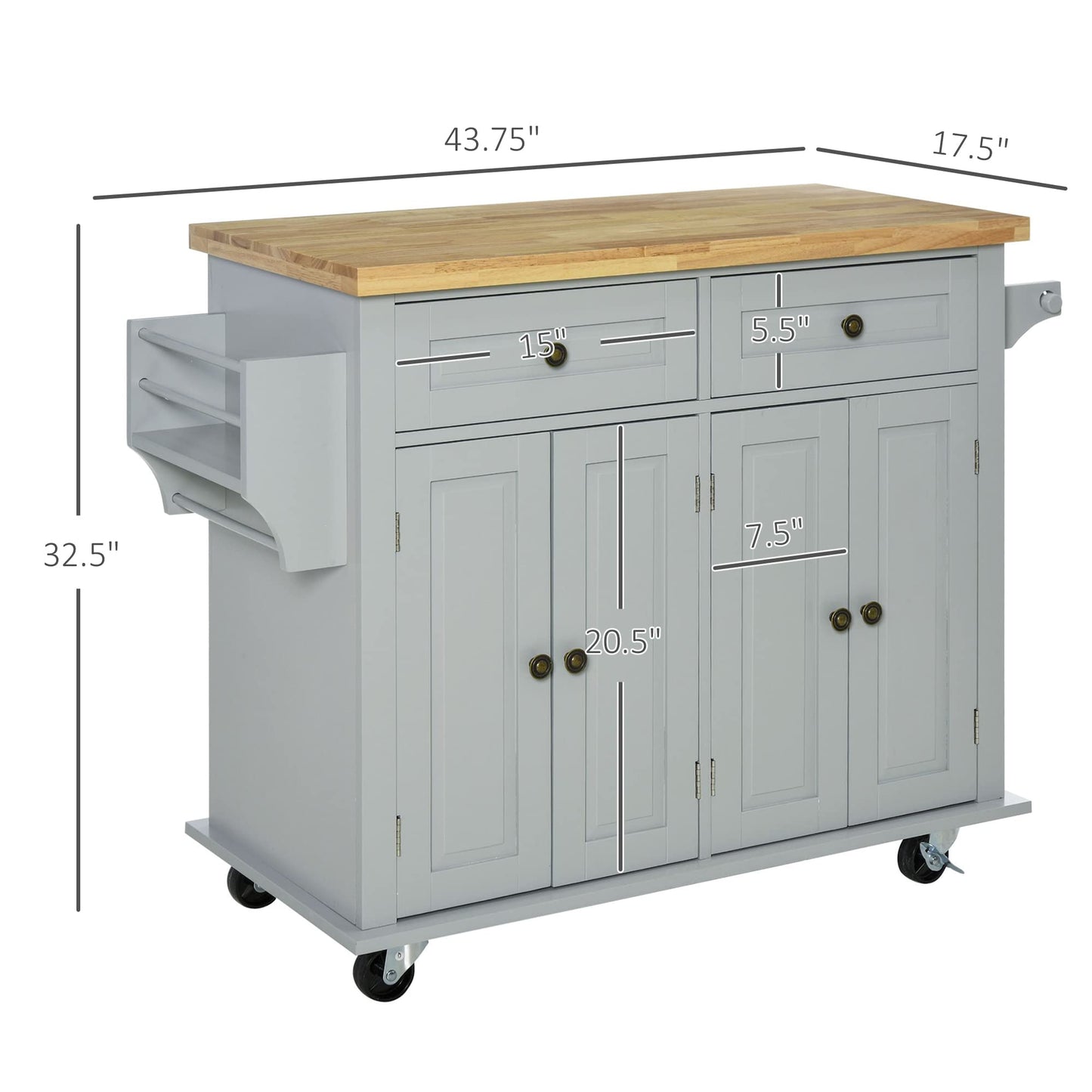 HomCom Kitchen Island on Wheels, Rolling Cart with Rubberwood Top - B098F16SDJ
