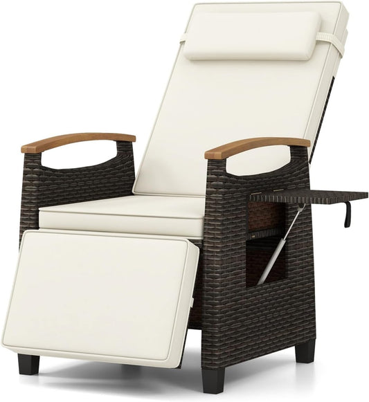 Tangkula Patio Wicker Recliner Chair, Rattan Lounge Chair w/Adjustable Backrest & Footrest - HW72339NY