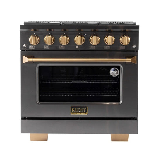 Kucht Gemstone Professional 36" 5.2 cu. ft. Propane Gas Range in Titanium Stainless Steel with Gold Accents - KEG363/LP
