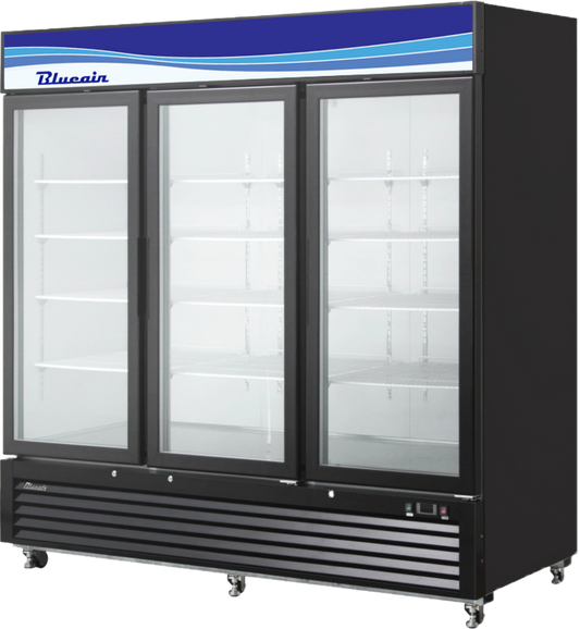 Blue Air BKGM72B-HC | 82" Wide 3 Swing Door Black Merchandiser Refrigerator - BKGM72B-HC