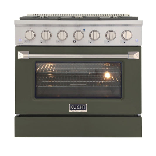 Kucht Professional 36" 5.2 cu ft. Natural Gas Range in Olive Green with Silver Accents - KNG361-OG