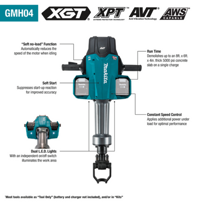 Makita 80V max (40V max X2) XGT Brushless 70 lb. 1‑1/8" Hex AVT Breaker Hammer Kit, AWS Capable with 4 Batteries  - GMH04PL4X